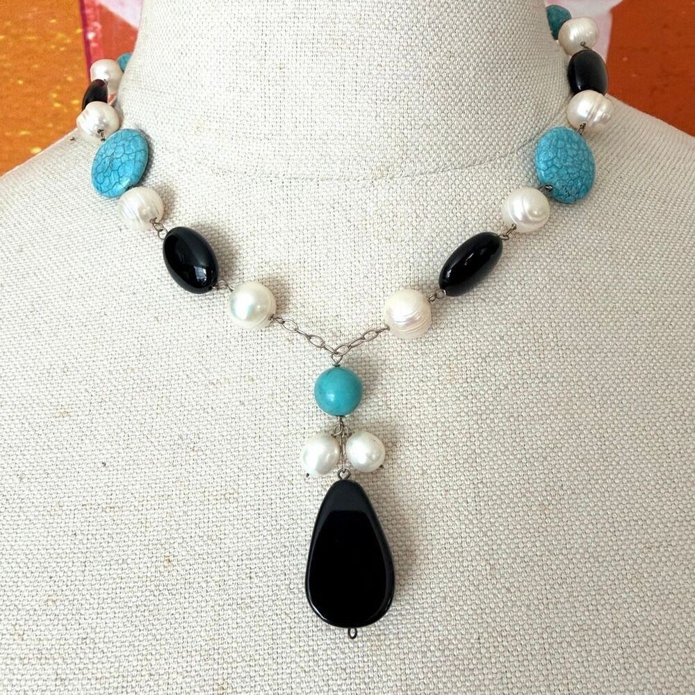 925 Sterling Silver Freshwater Pearl Black Onyx Turquoise Stone Statement Neckla